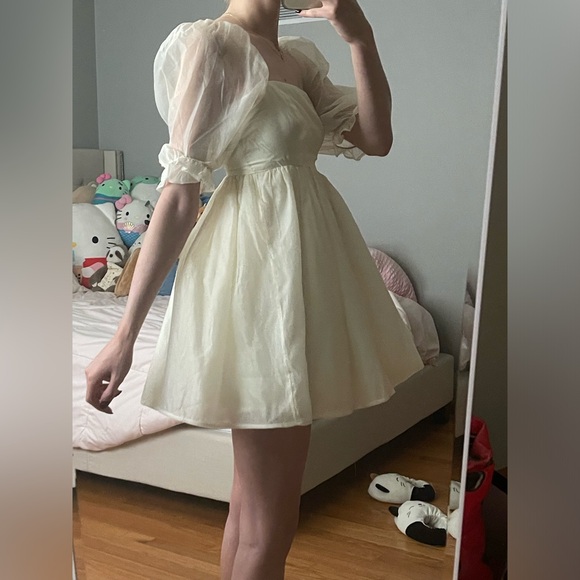 Cream/White Puff-Sleeve Babydoll Mini Dress Forever 21 - Picture 10 of 13